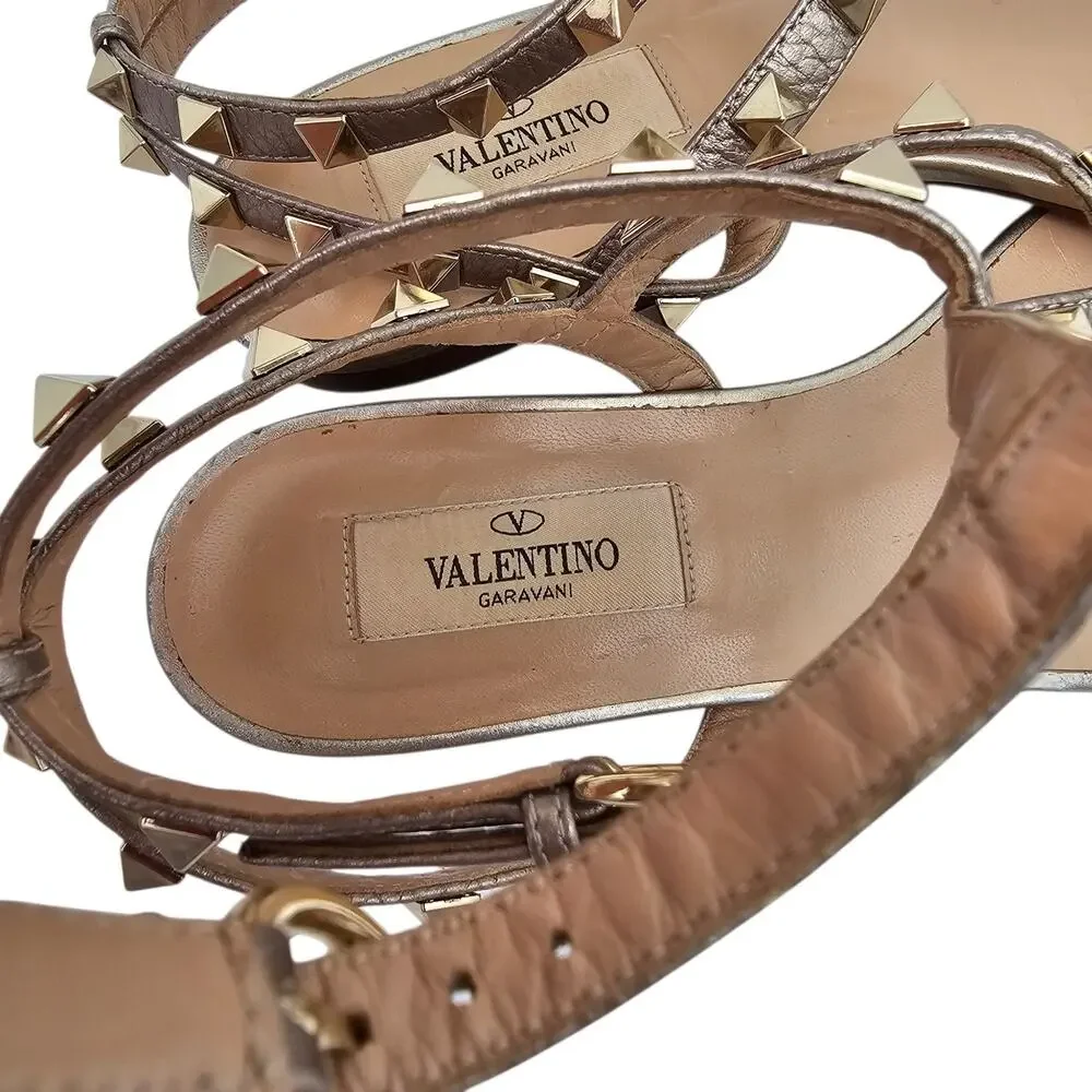 Valentino Garavani Rockstud Cage Gladiator Flat Sandals Gold Leather Size 37 7